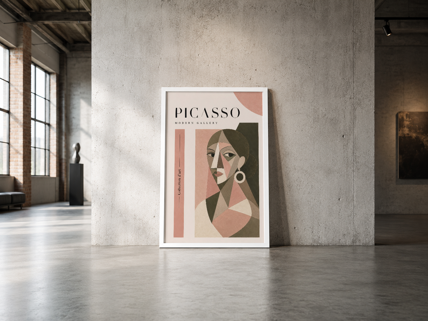 Picasso Modern Gallery posteri, geometrik çizgileri ve pastel tonları ile çağdaş sanat eseri, endüstriyel mekanda