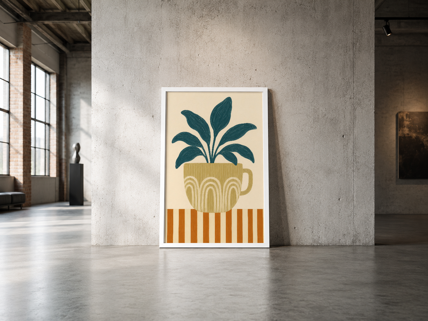 Minimalist art deco tasarımda, geometrik çizgili saksıda stilize edilmiş tropikal bitki posteri, beyaz çerçeveli.
