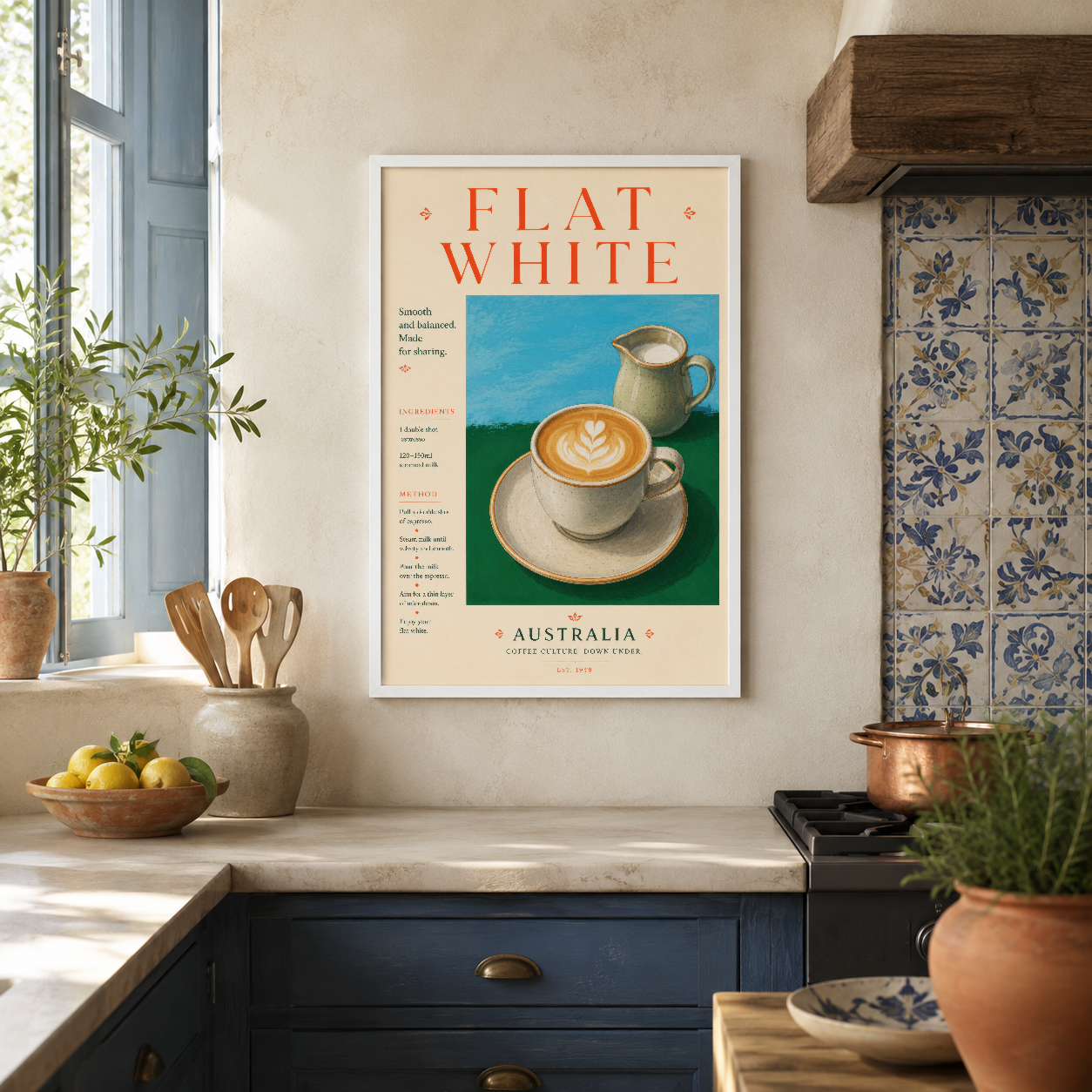 Flat White kahve postası, Avustralya kültürünü yansıtan vintage tasarım, beyaz çerçevede mutfak duvarında.