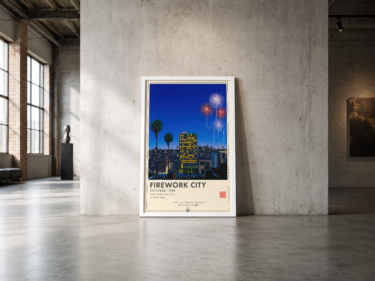 Palmiye ağaçları ve gökdelenlerle 1988 Los Angeles'ini tasvir eden vintage inspirasyonlu şehir posteri.