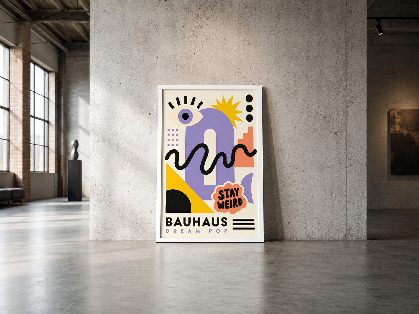 Bauhaus Dream Pop posteri, canlı renkleriyle endüstriyel mekanda sanat ve tasarımın güçlü ifadesini sergiliyor.