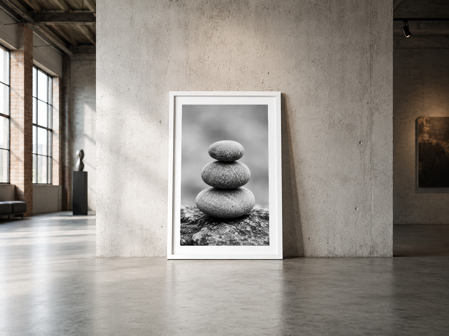 Siyah beyaz stacked stones poster, beyaz çerçeveli haliyle endüstriyel alandaki minimalist estetik ile uyum sağlıyor.