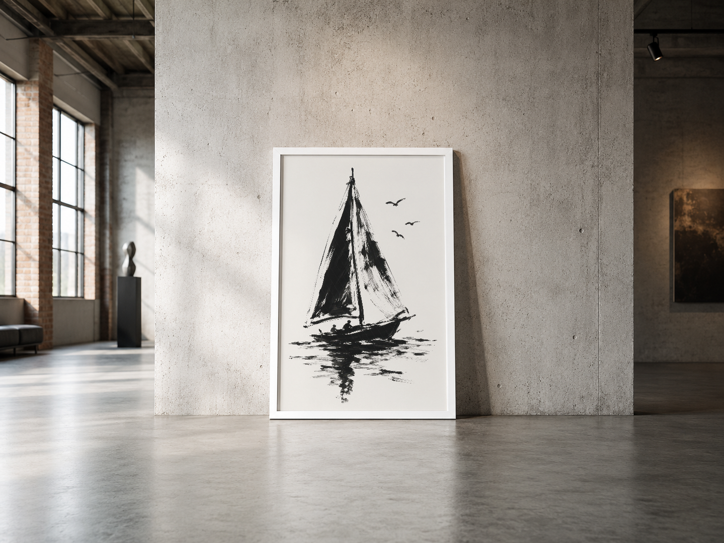 Minimalist yelkenli gemi deseni, beyaz çerçeve içinde endüstriyel dekor tarzına uygun.
