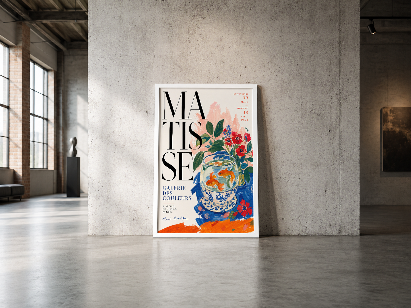 Matisse esintili renkli çiçek ve vazo tasarımı içeren çağdaş duvar posteri, endüstriyel galeri ortamında.