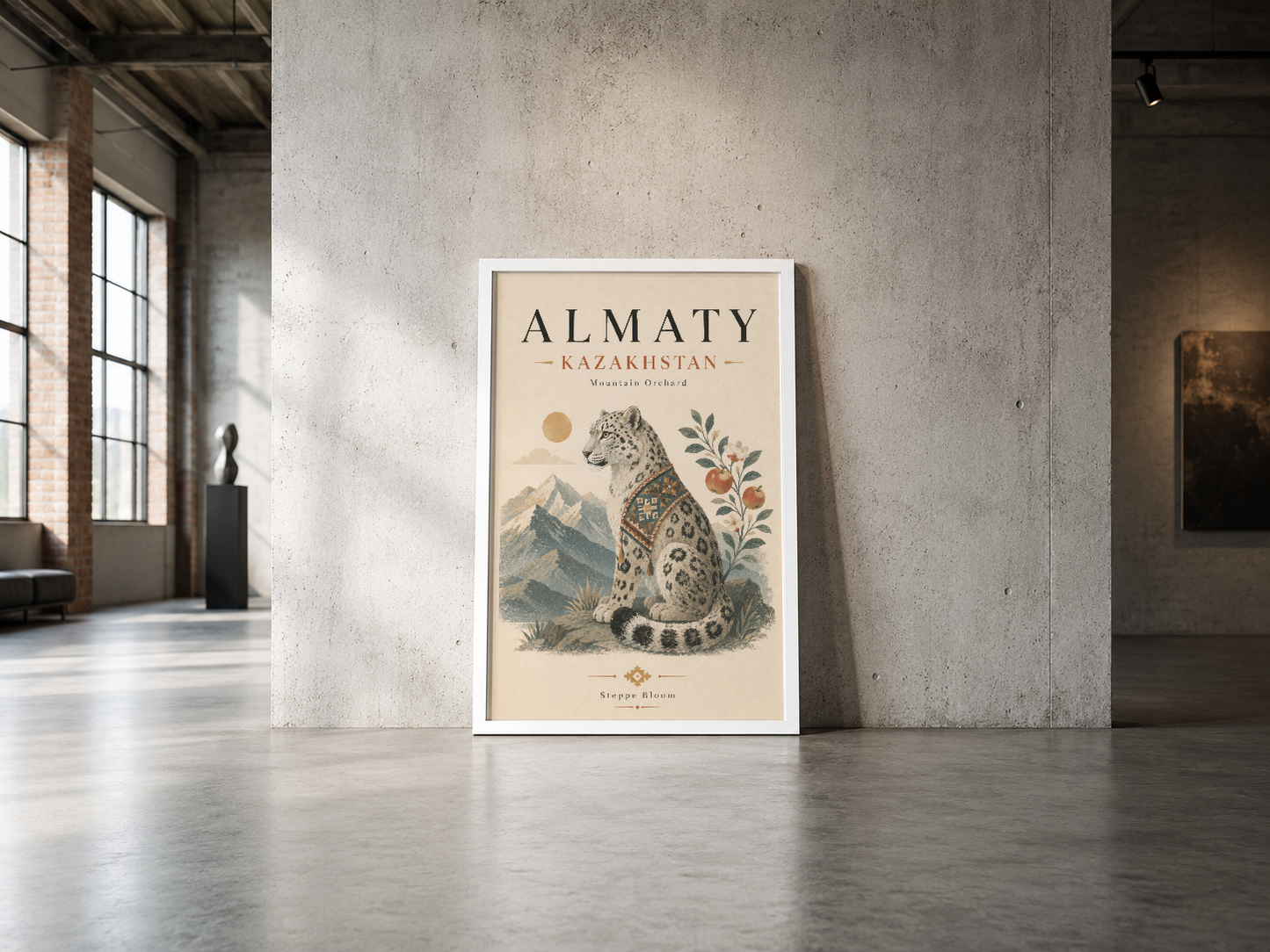 Almaty Kazakistan posterinin beyaz çerçeveli versiyonu, endüstriyel betonda minimalist ve etkileyici duvar dekorasyonu.