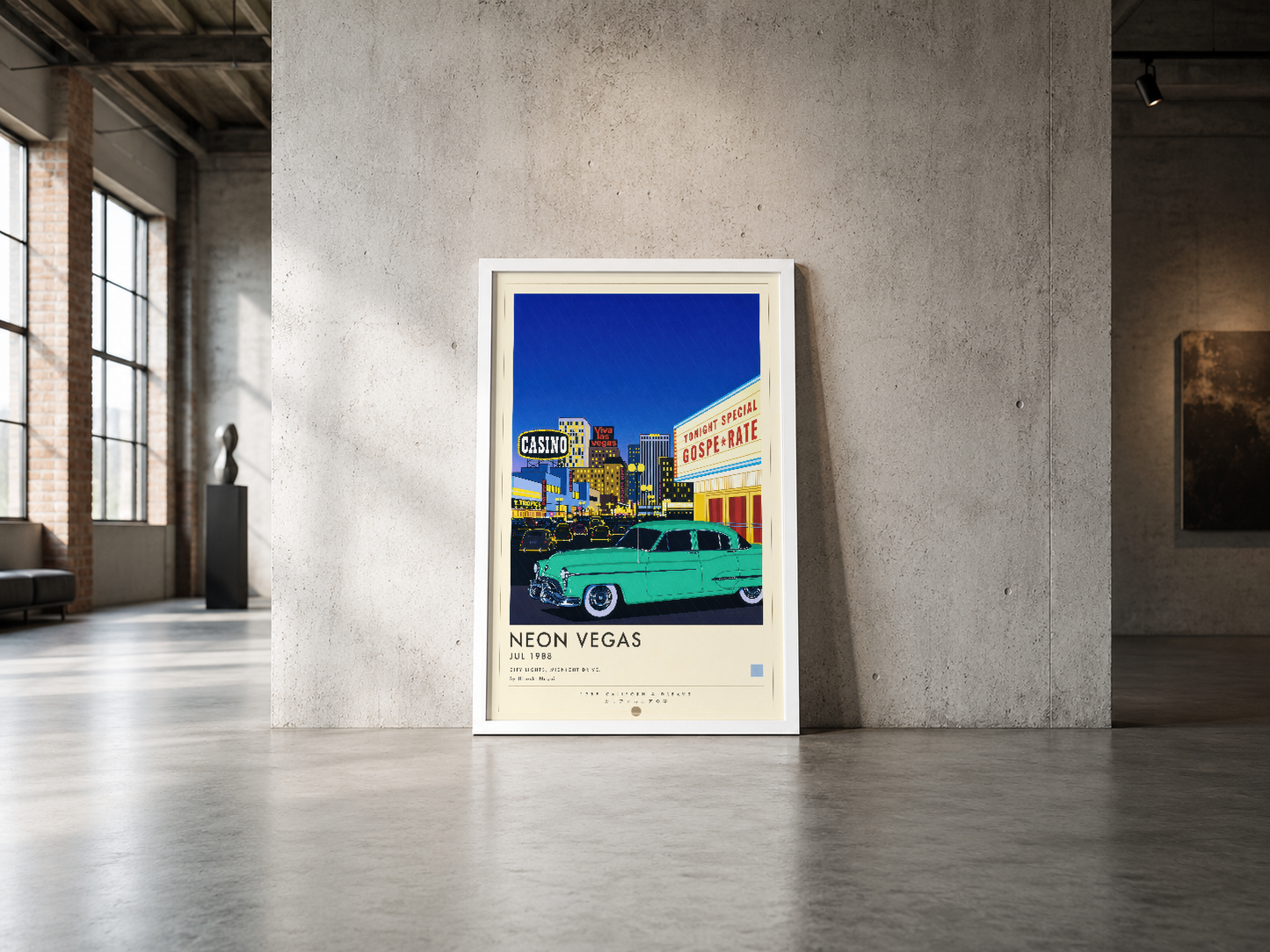 Neon Vegas duvar tablosu, vintage sanat stiliyle Las Vegas'ın ikonik neon ışıklarını ve klasik arabasını tasvir ediyor.