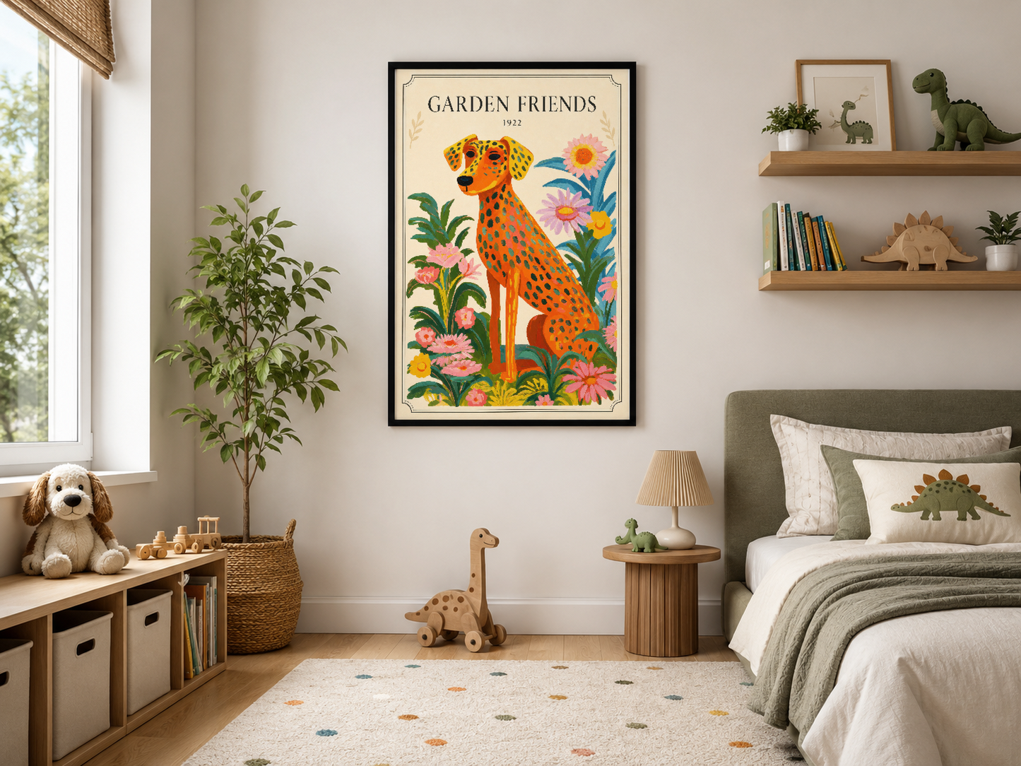 Siyah çerçeveli Garden Friends posteri, modern yatak odasının duvarında doğa temalı dekorasyon.