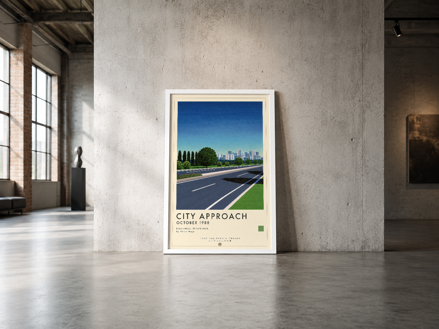 City Approach posteri, endüstriyel boş mekan duvarında beyaz çerçeve içinde, minimalist yol ve ufuk çizgisi.