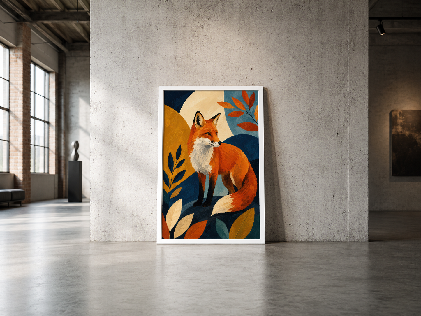 Canlı renklerle tasarlanan tilki sanat tablosu, çağdaş endüstriyel mekanda cesur bir dekoratif nokta oluşturuyor.