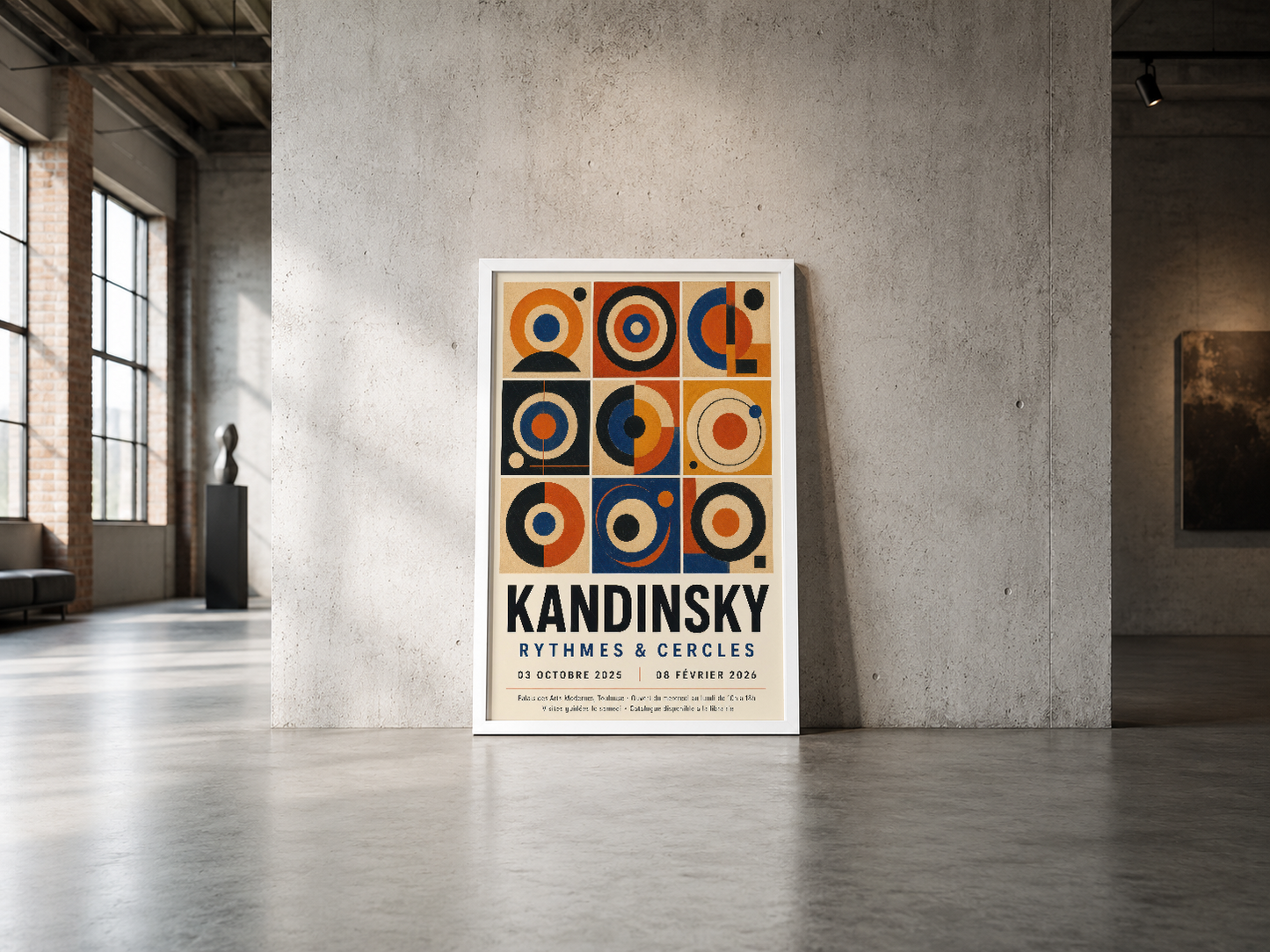 Kandinsky Rhythmes Cercles sergisi posteri, beyaz çerçeveli, endüstriyel stil boş mekan duvarında.