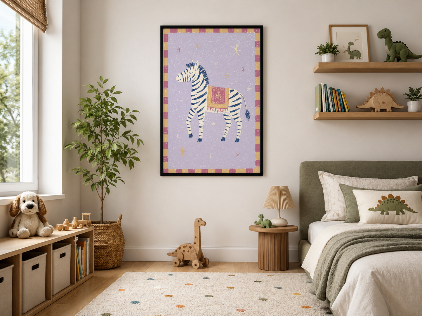 Siyah çerçeveli, lila fonlu ve renkli bordürlü, dekoratif zebra baskılı çocuk odası posteri.