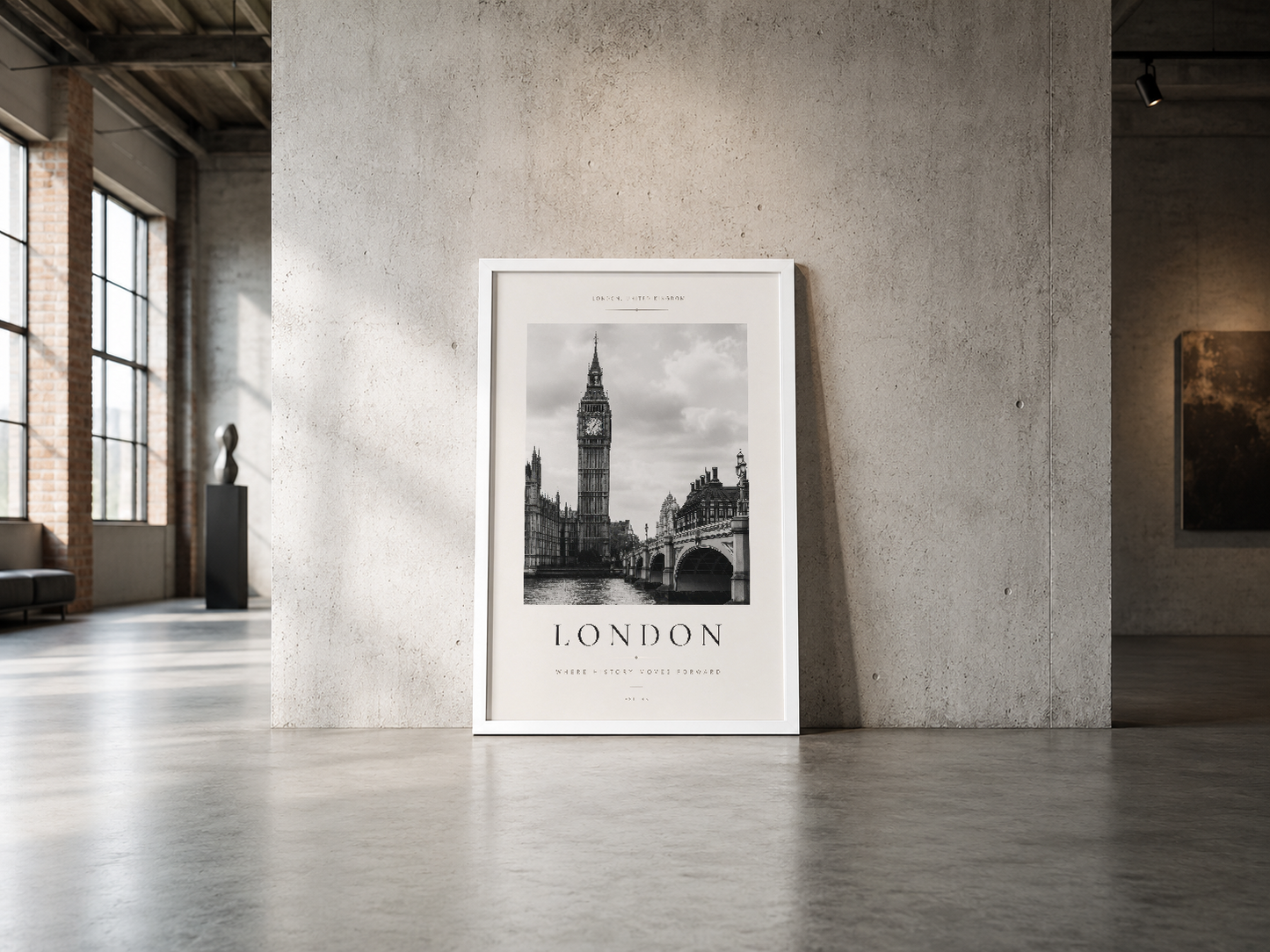Big Ben ve Westminster Köprüsü motifli siyah beyaz poster, endüstriyel alanda minimalist şekilde sergileniyor.