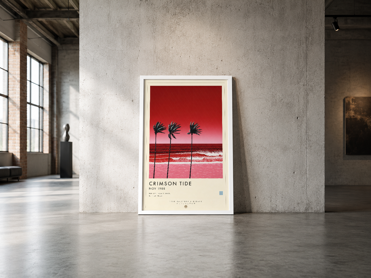Minimalist industrial ortamda, krem çerçeveli Crimson Tide plajı posterinin şık sergilenmesi.