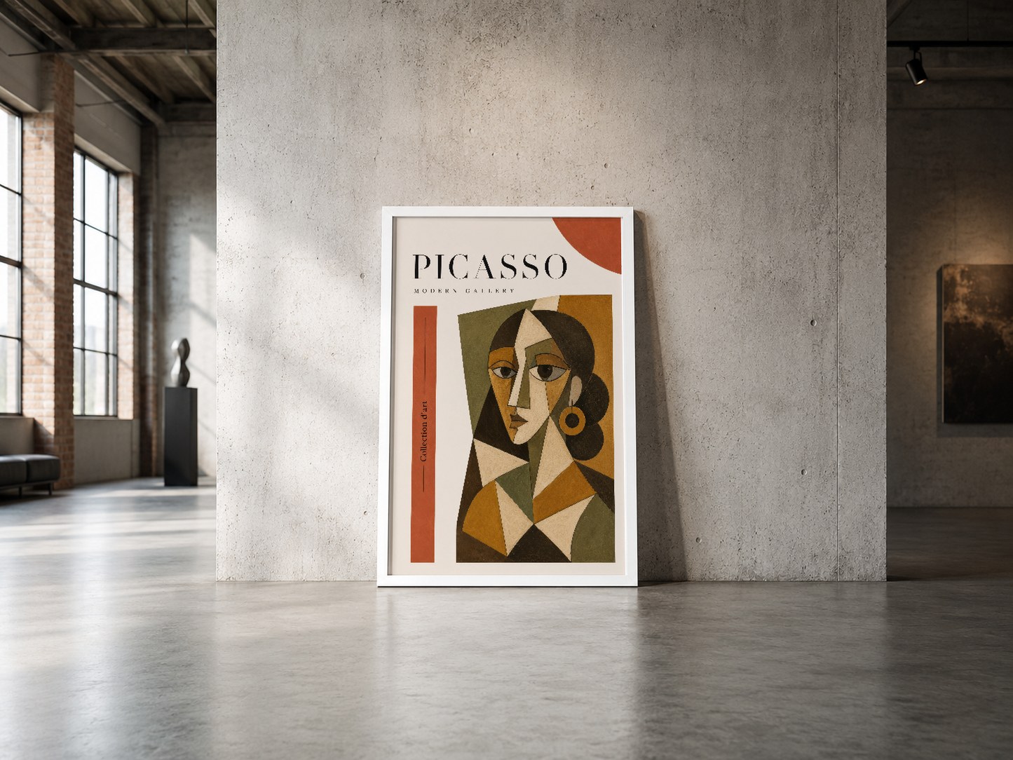 Modern sanat galerisi duvarında Picasso portre posteri, geometrik şekiller ve terra cotta renk paletli tasarım.