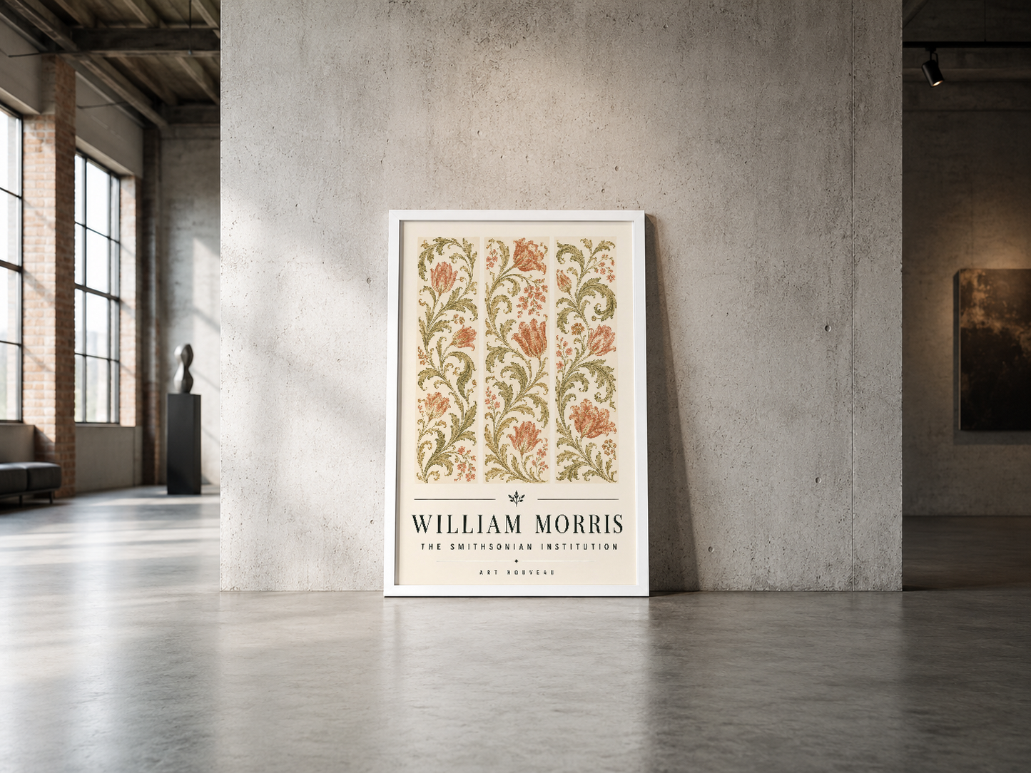 William Morris sanat tablosu, çiçekli desen, beyaz çerçeveli, endüstriyel mekanda görkemli şekilde sergileniyor.