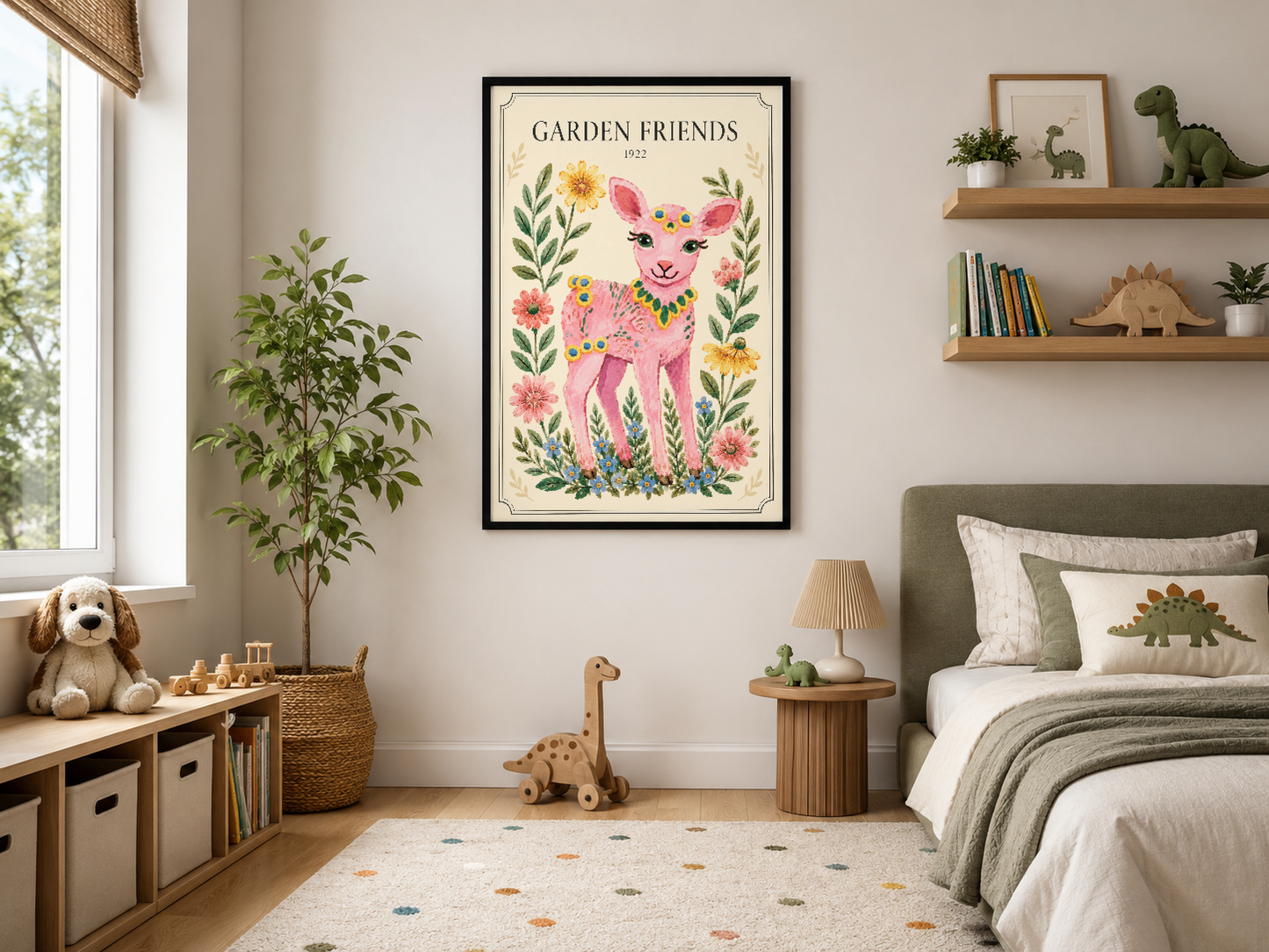 Siyah çerçeveli çiçekli geyik posteri, modern yaşam alanında serbest duvar dekorasyonu olarak sergilenen sanat eseri.