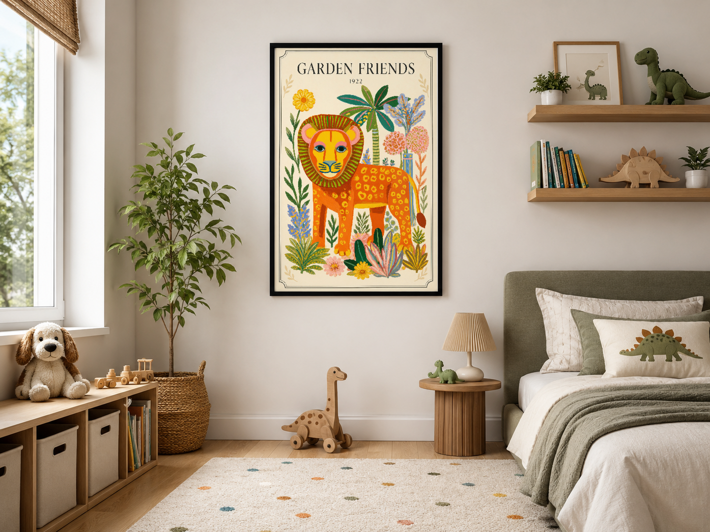 Garden Friends posteri siyah çerçevede, modern yatak odasının duvarında yeşil bitkiler arasında yer alıyor.