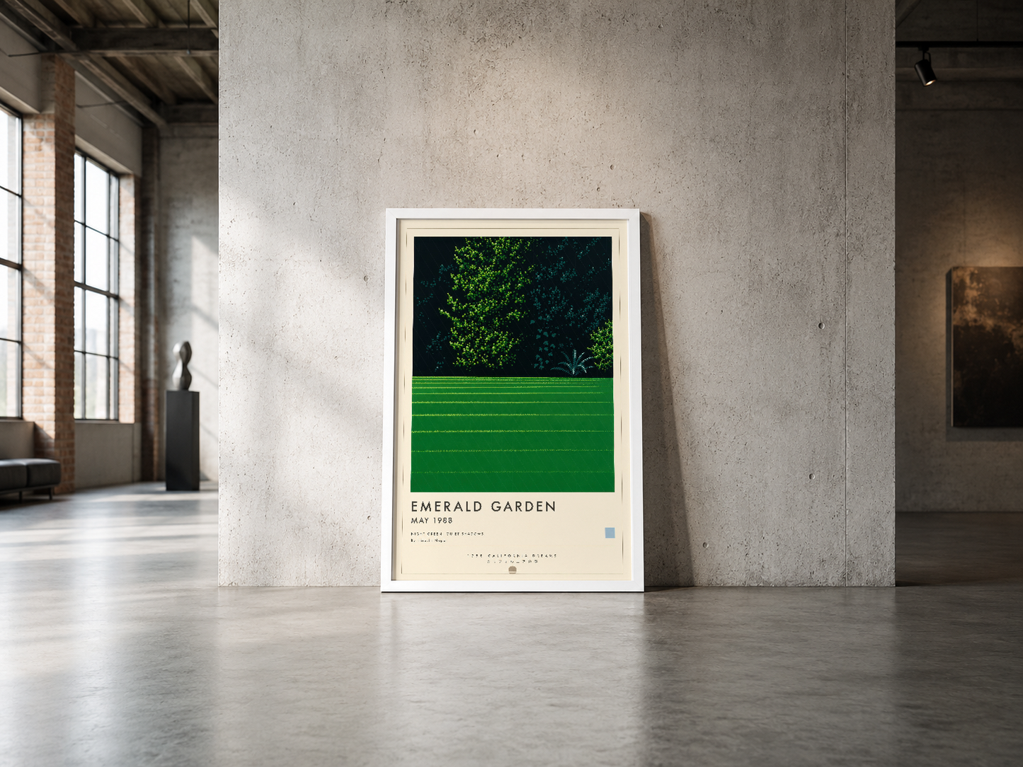 Emerald Garden retro tarzı poster, endüstriyel mekanlarda cesur yeşil renk bloğu ve botanik görselliği ile dikkat çeken