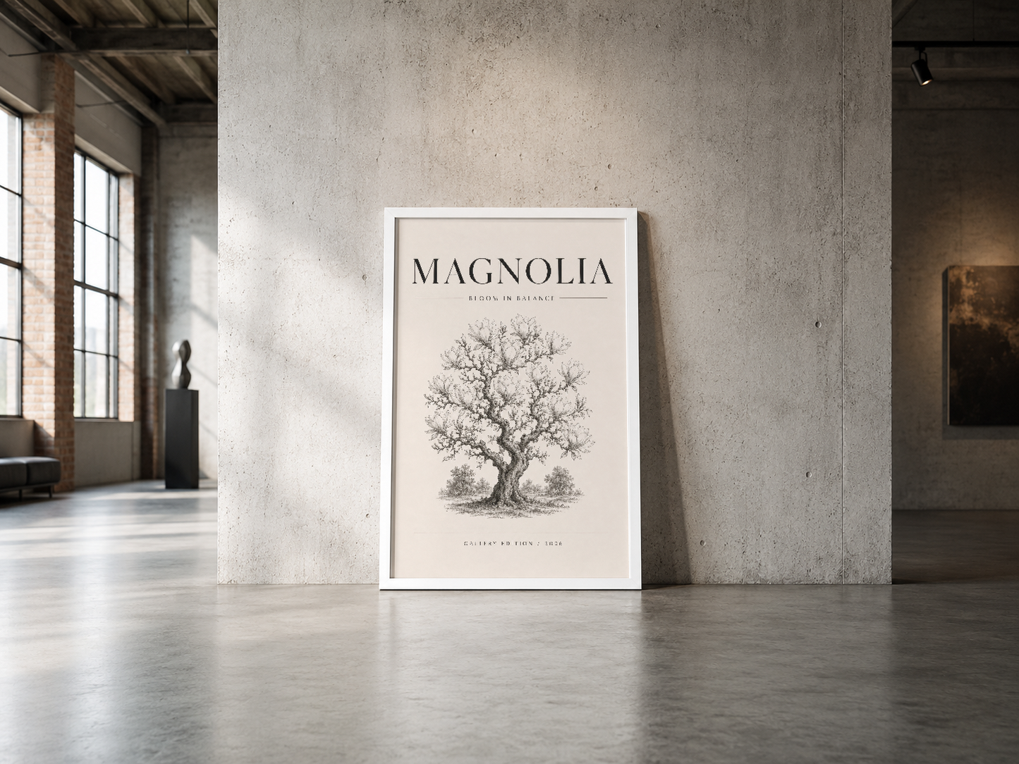 Beyaz çerçeveli Magnolia posteri, endüstriyel betonda minimalist ve soğuk mekan estetiğinde.