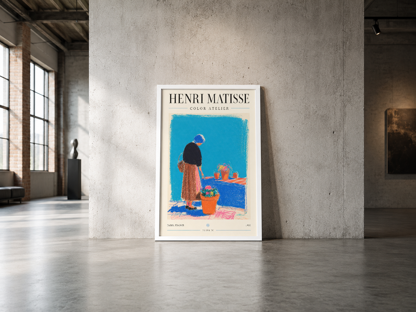 Henri Matisse Color Atelier posteri, endüstriyel betondan duvarda sergilenen, renkli ve hayat dolu renk kompozisyonu.