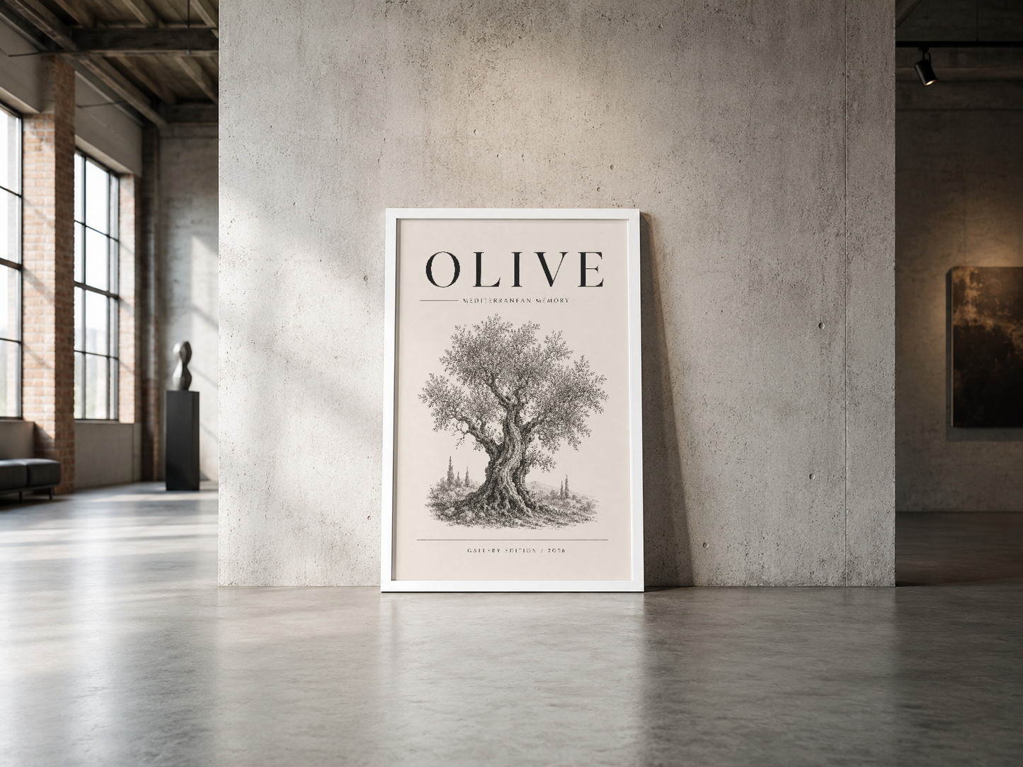 Minimalist zeytin ağacı illüstrasyonu ve OLIVE başlığı ince beyaz çerçeve içinde endüstriyel mekan aksessuarı.