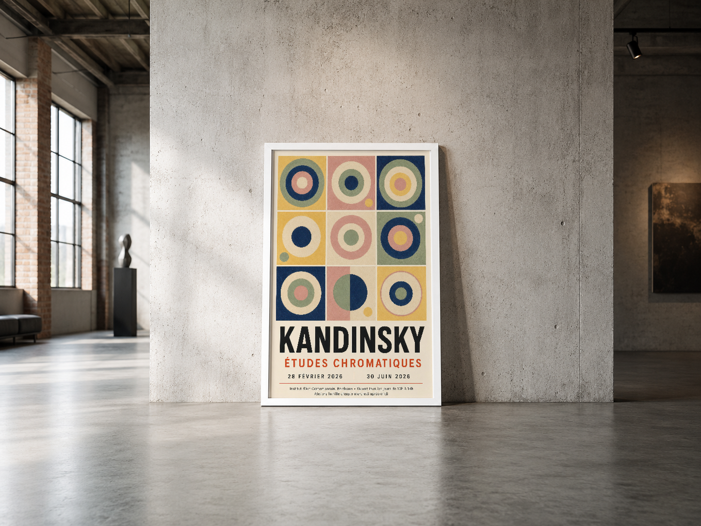 Saf beyaz çerçevede Kandinsky Etudes Chromatiques tablosu, endüstriyel loft ortamında minimalist şıklık.