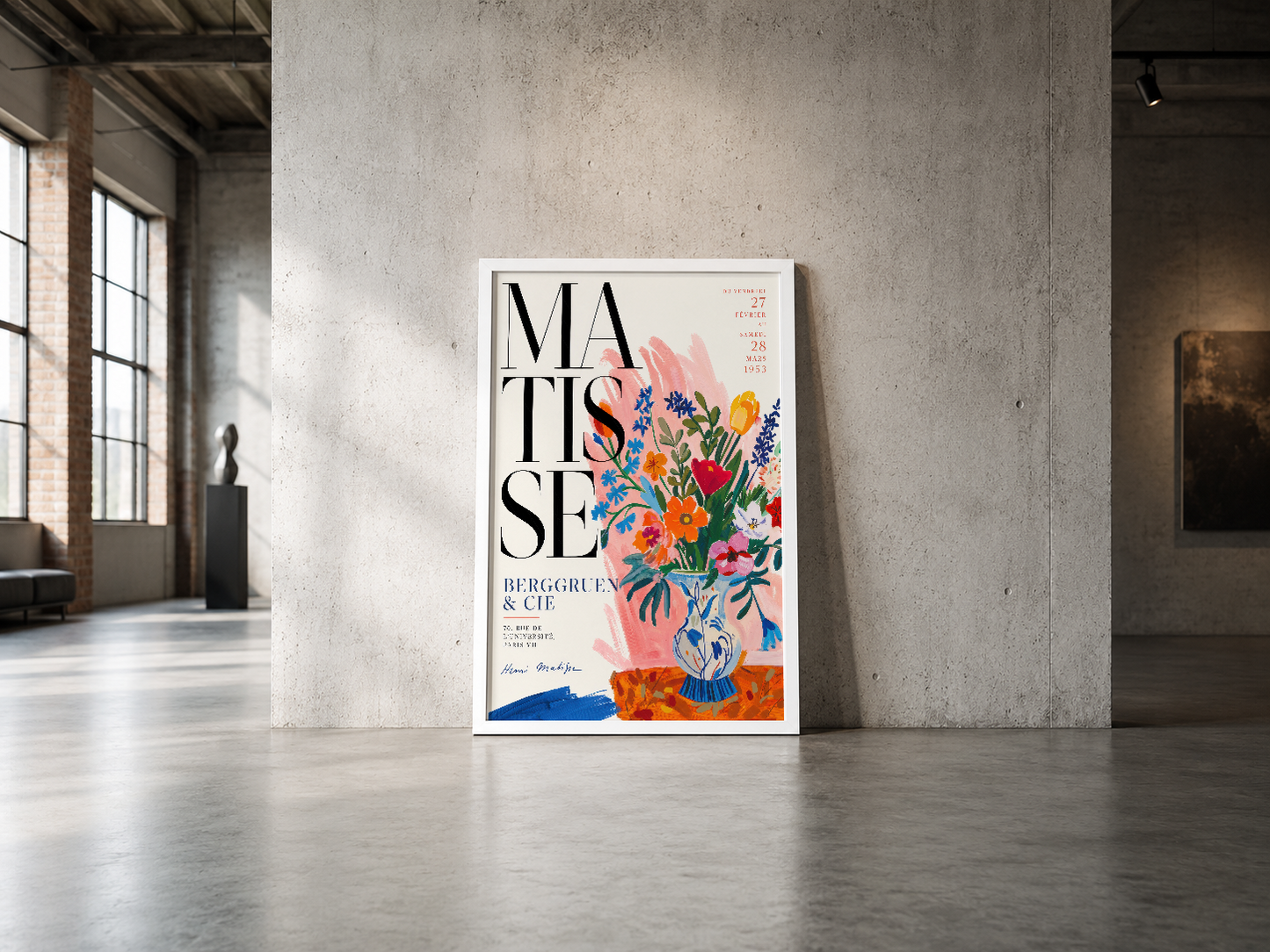Matisse inspirasiyla tasarlanmış çiçek poster, beyaz çerçeveli, endüstriyel tarzı mekanında.