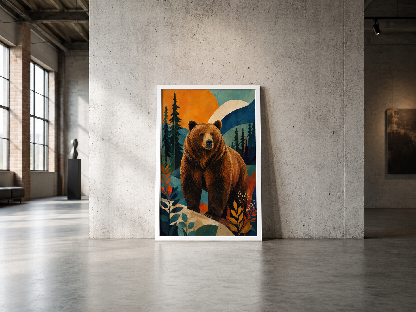 Sanat deco tasarımlı ayı portresi, canlı renkler ve dekoratif bitki öğeleriyle çerçevelenmiş poster.