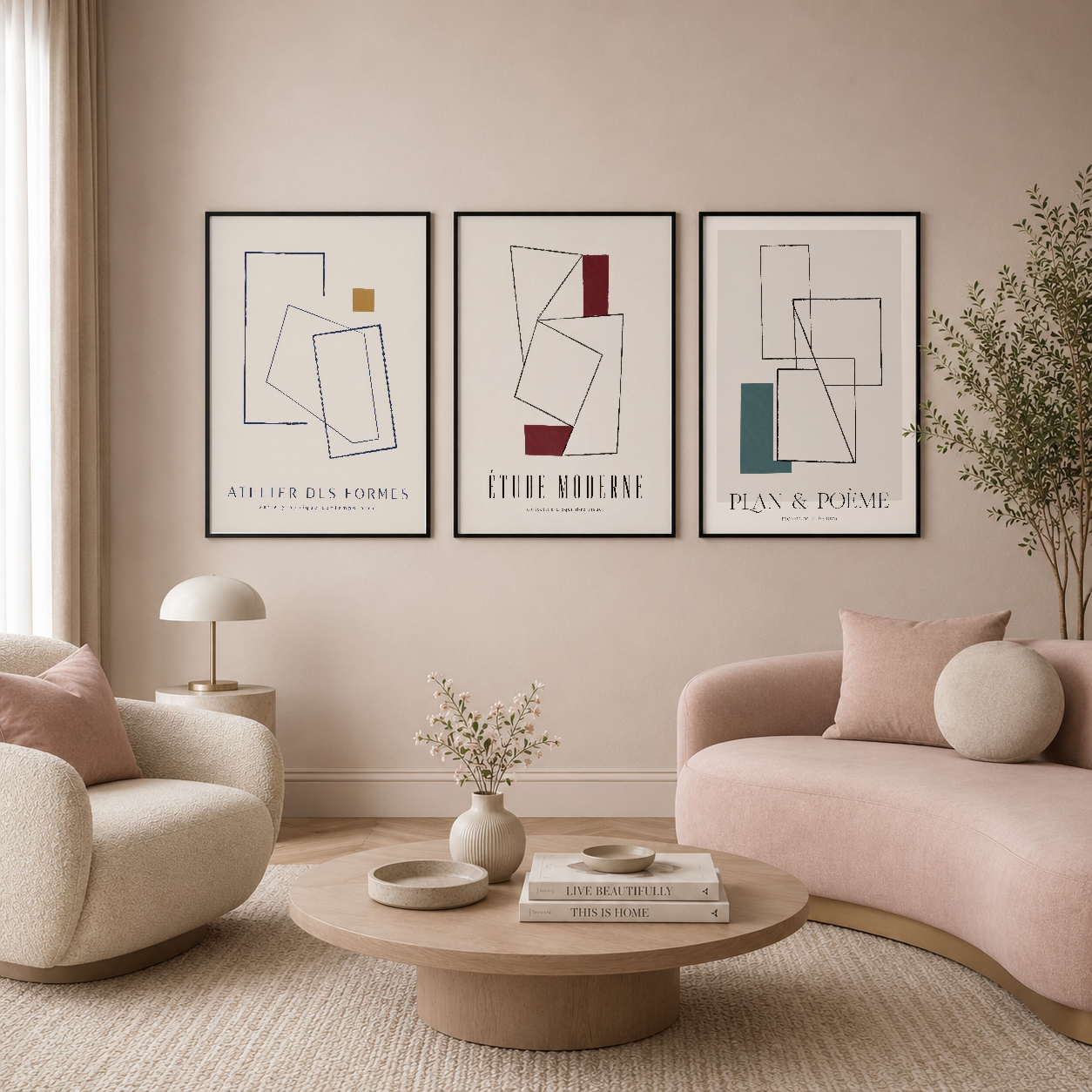 Minimalist tasarımlı üç çerçeveli tablo, pembe ve krem tonlarındaki oturma odasında zarif bir görsel yananlık yaratıyor.