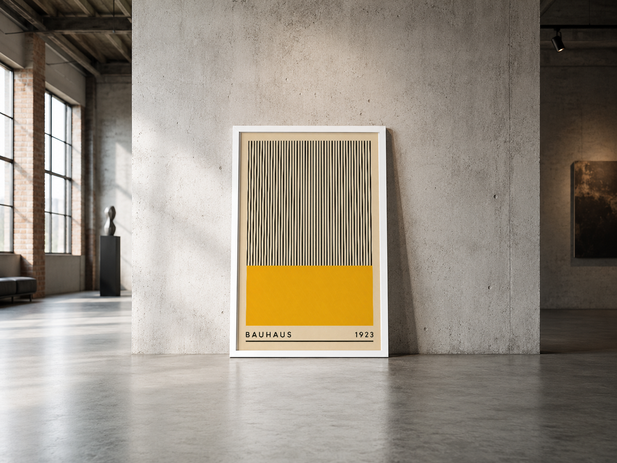 Geometrik Bauhaus poster, endüstriyel beton duvarın karşısında minimalist ve etkileyici bir görünüm yaratıyor.