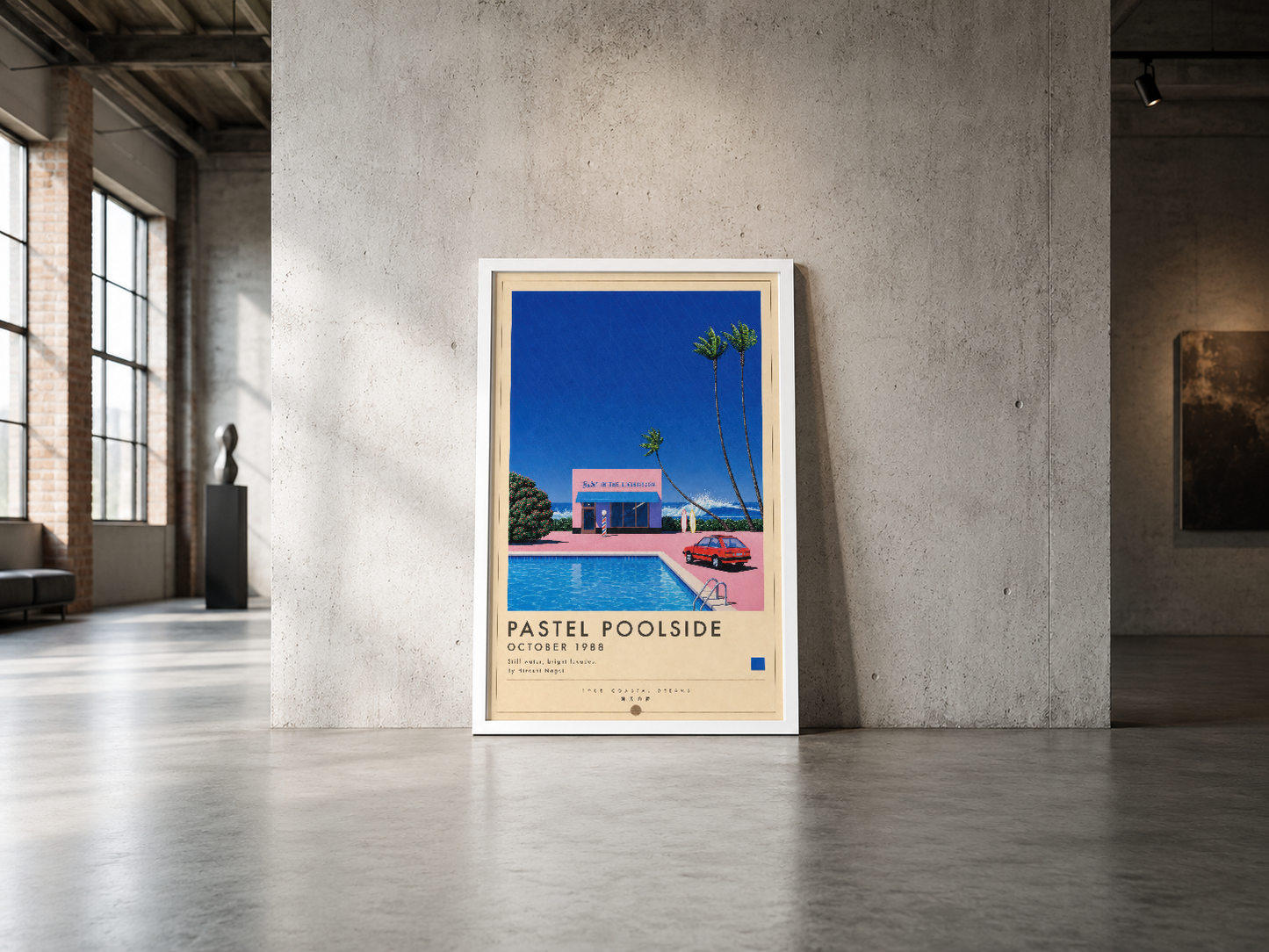 Pembe havuz evi temasıyla tasarlanmış Pastel Poolside posteri, çağdaş endüstri mimarisinde asılı duruyor.