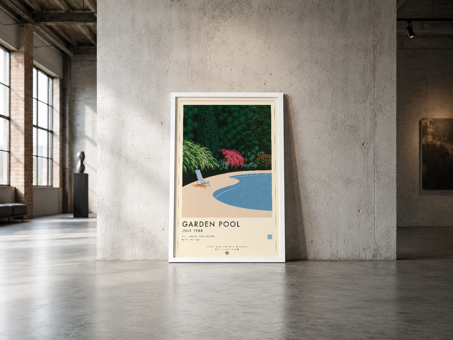 Minimalist Garden Pool tasarımı beyaz çerçeveli poster, endüstriyel betonun sade güzelliğine karşı kontrastlı görsel