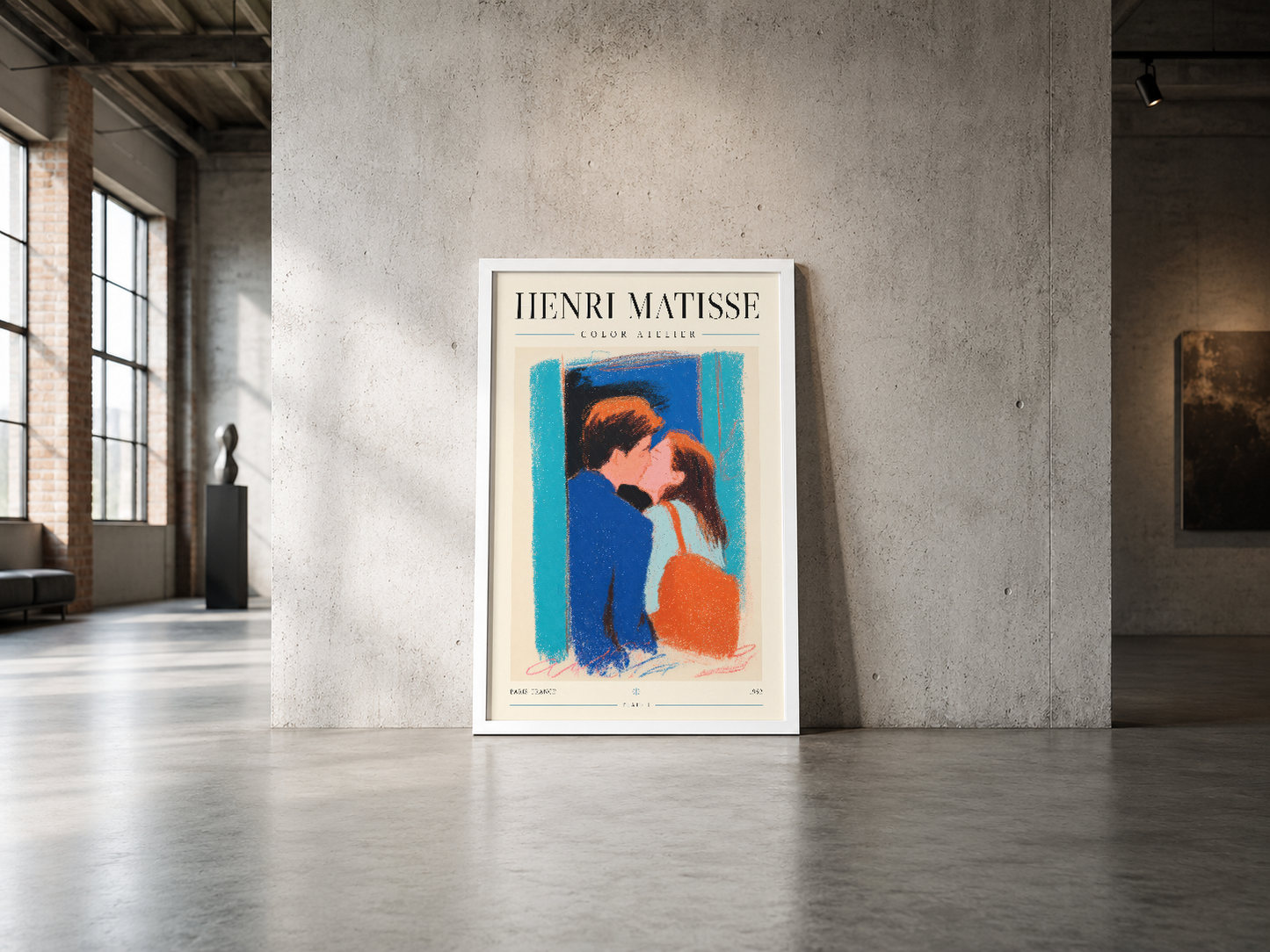 Henri Matisse Color Atelier posteri, endüstriyel bir mekan içinde minimalist çerçeveyle destekleniyor.