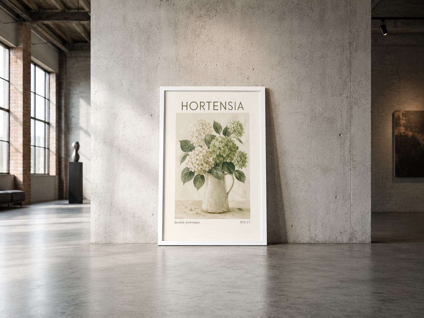 Vintage botanik illüstrasyonlu hortensia posteri, beyaz çerçeveli, endüstriyel minimalist konsept alanda konumlandırılmış.