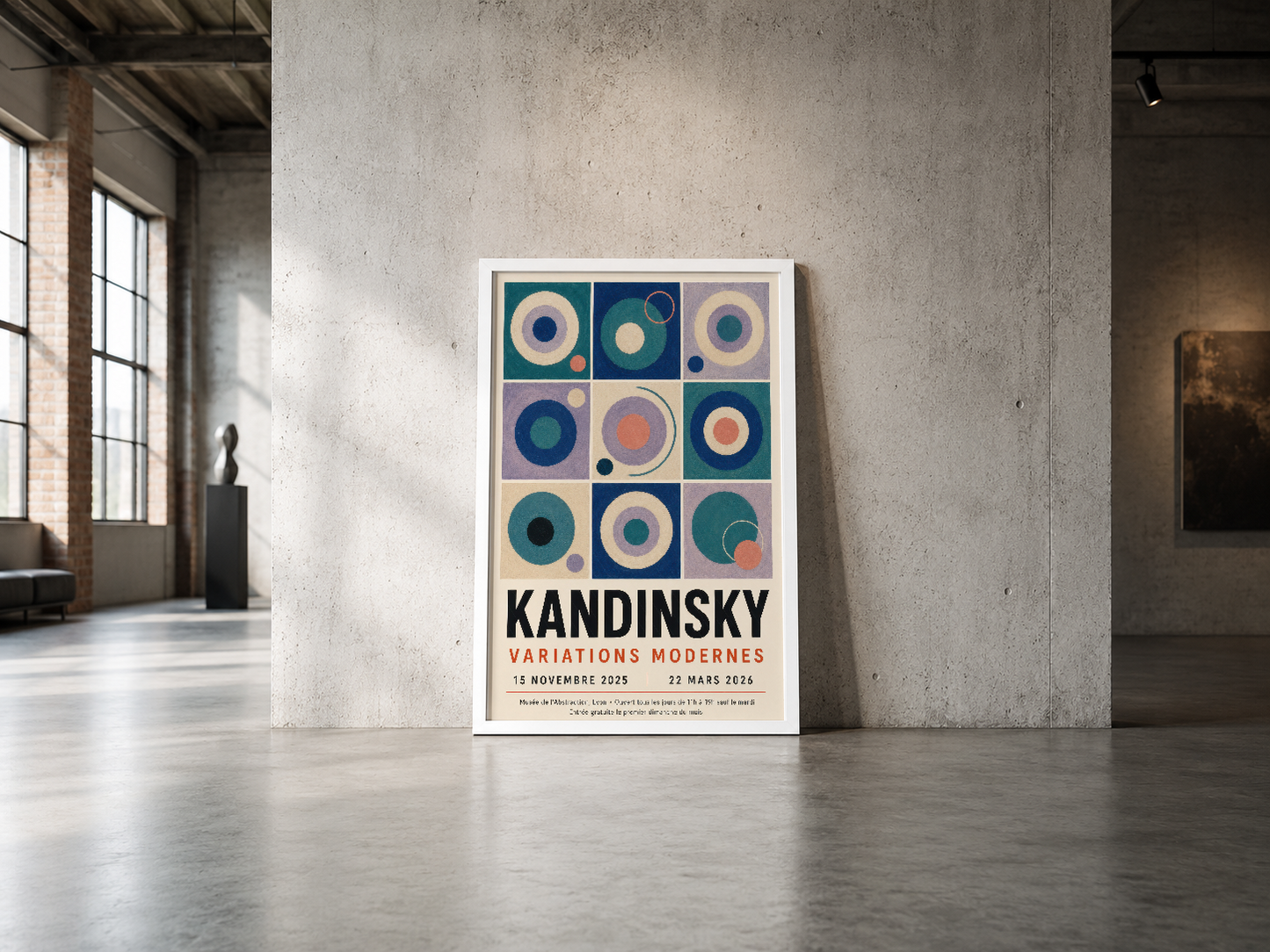 Kandinsky Variations Modernes posteri, renkli daire motifli sanat tablosu endüstriyel loft mekanında beyaz çerçevelenmiş.
