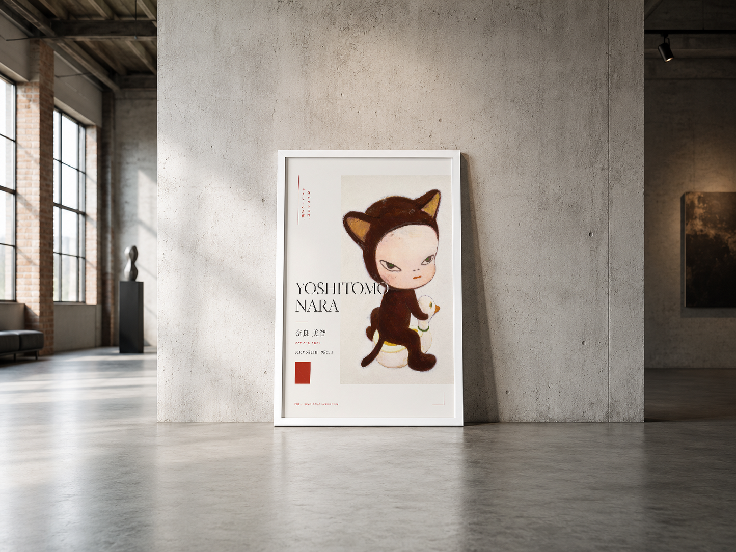 Kedi illüstrasyonlu sanat posteri, beyaz çerçevede endüstriyel betonda güçlü ve sakin görünüm.