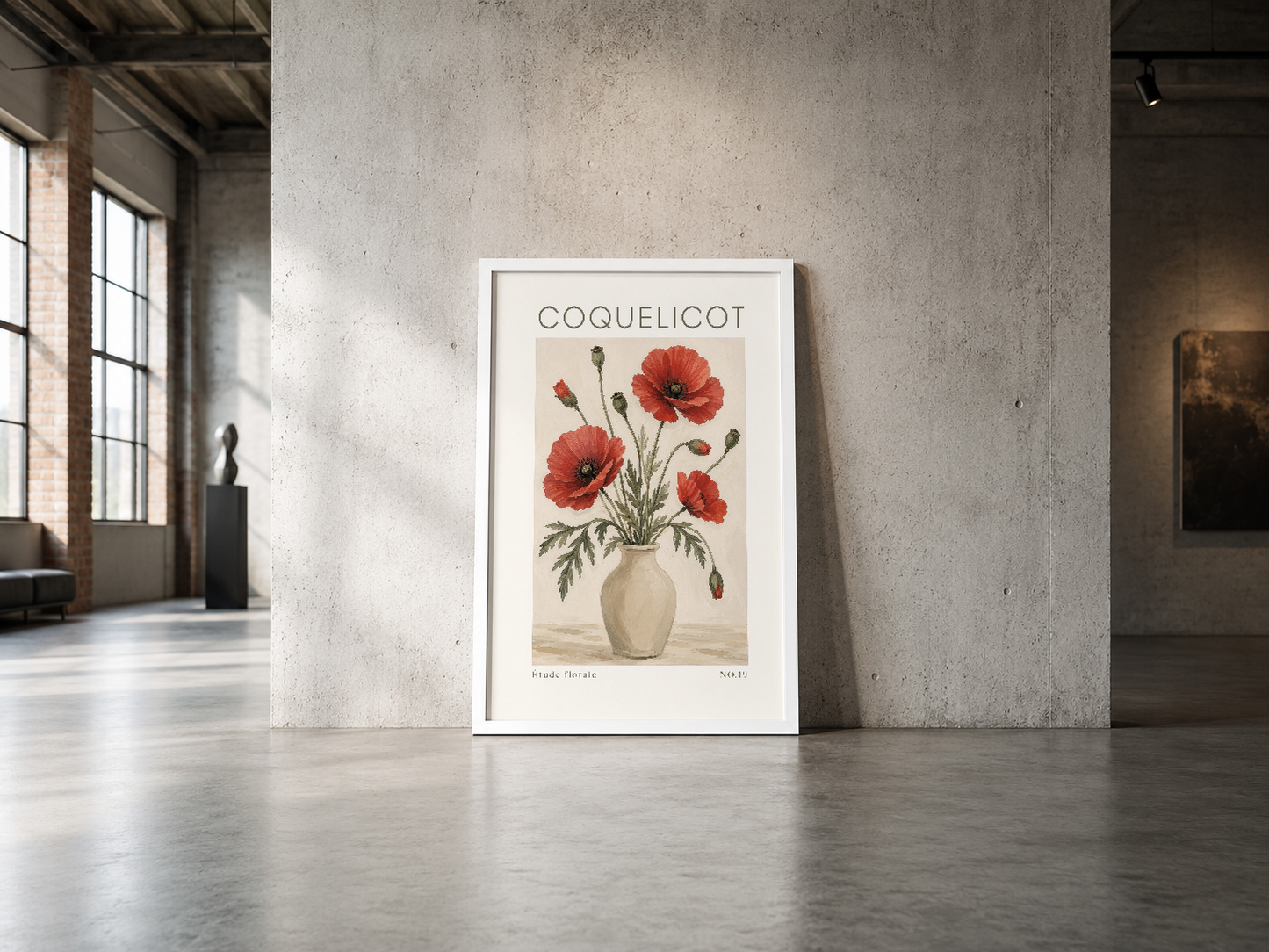 Coquelicot botanik poster, beyaz çerçeveli, endüstriyel alana uyum sağlayan minimalist sanat eseri.