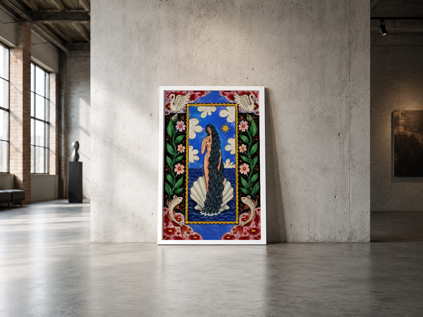 Özgün tasarım çerçeveli poster, deniz teması, detaylı floral ornamentler, modern galeri alanında.