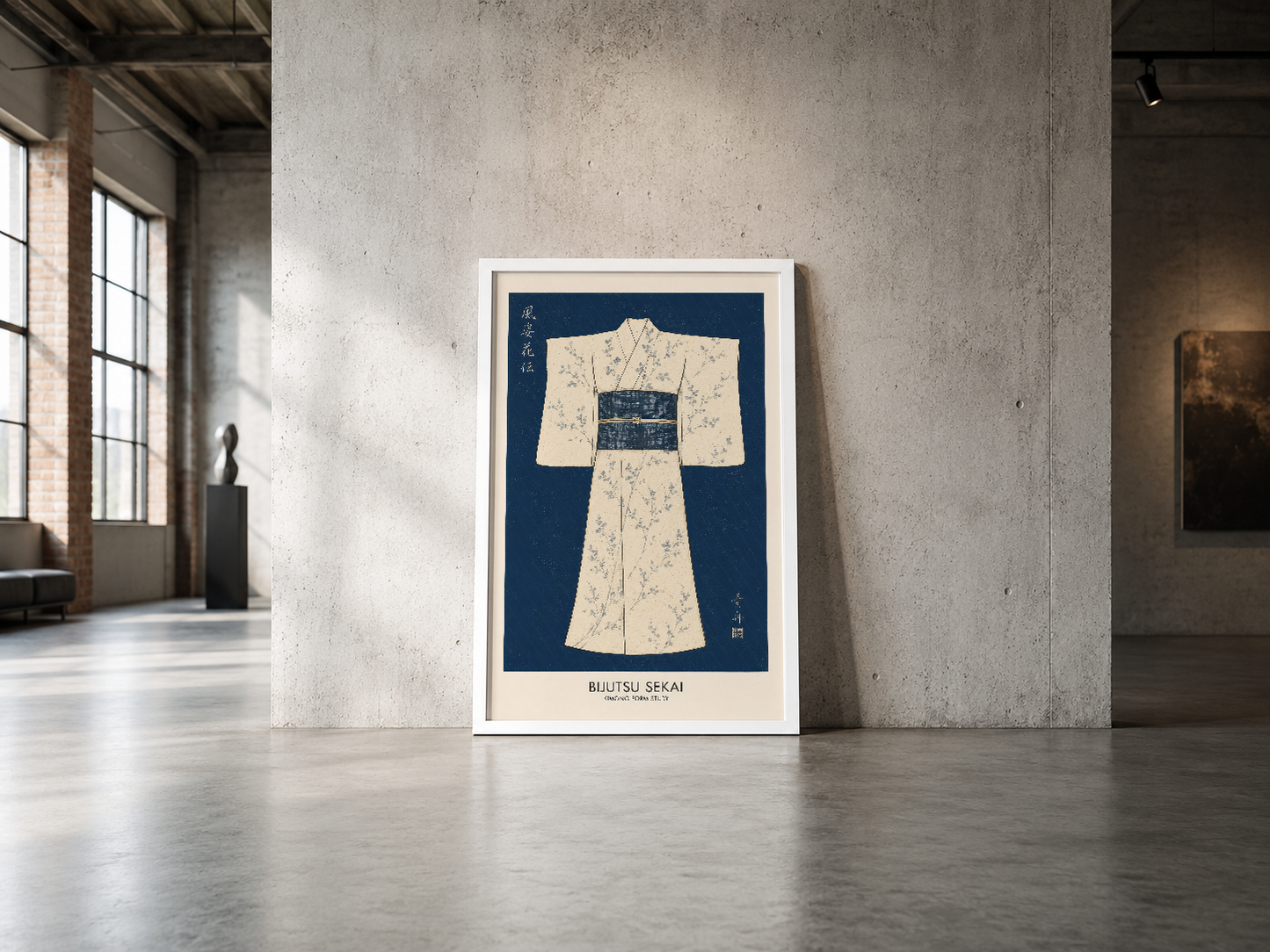 Minimalist iç mekanda sergilenen, Japon tekstil sanatından ilham alan kimono baskısı, sade şıklığı ve kültürel estetikle göz