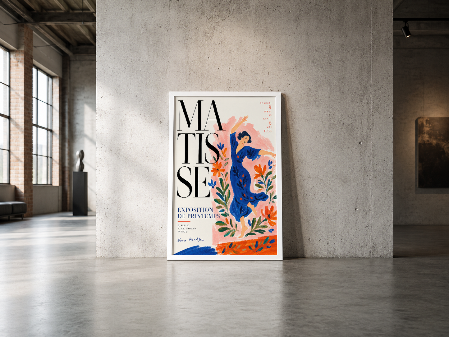 Bauhaus tarzı Matisse sergisi afişi, endüstriyel minimalist mekanda sade ve etkileyici görünüyor.
