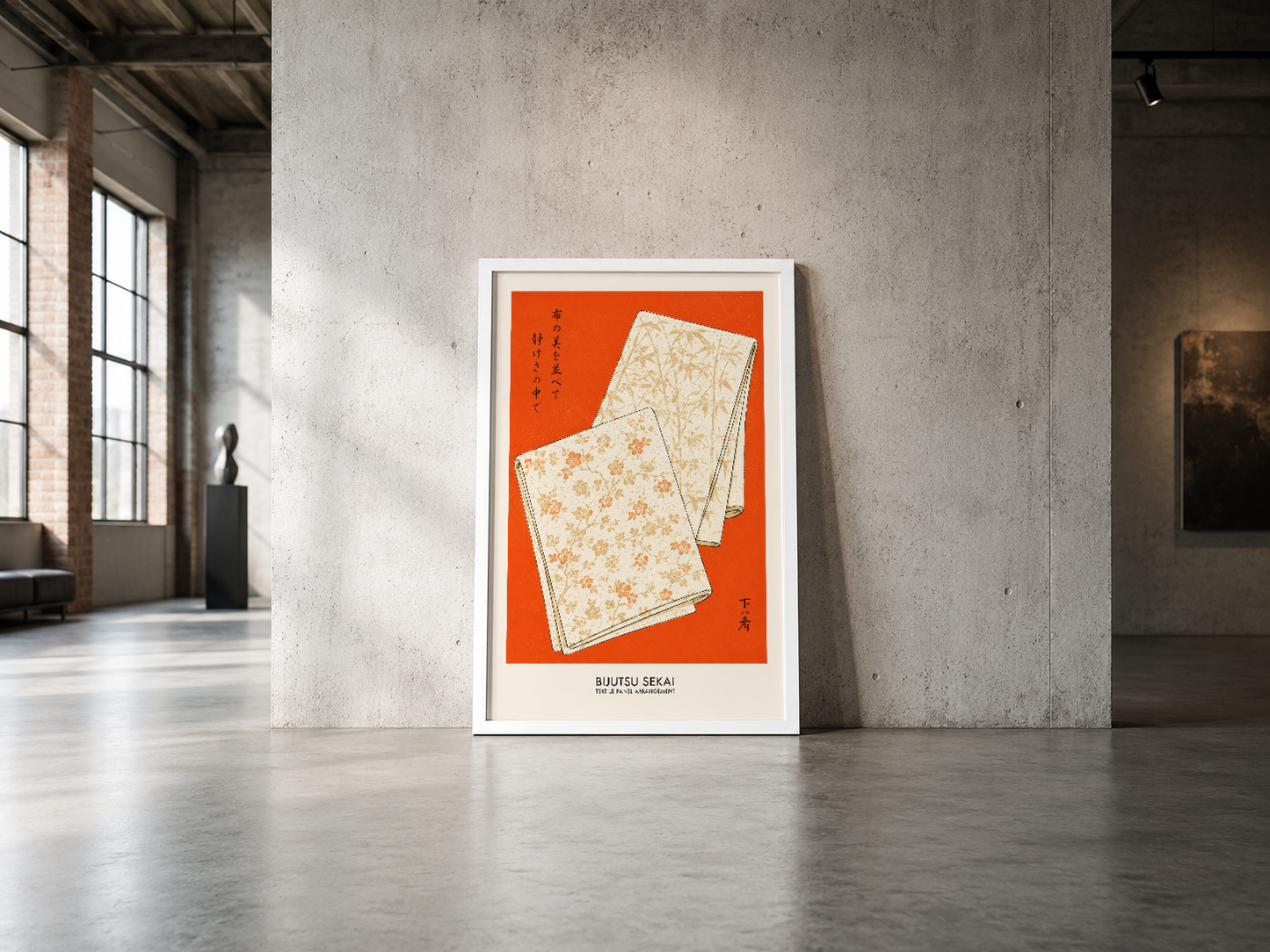 Modern loft alanında, turuncu arka planlı kumaş desenlerini yansıtan şık poster sanat yapıtı.