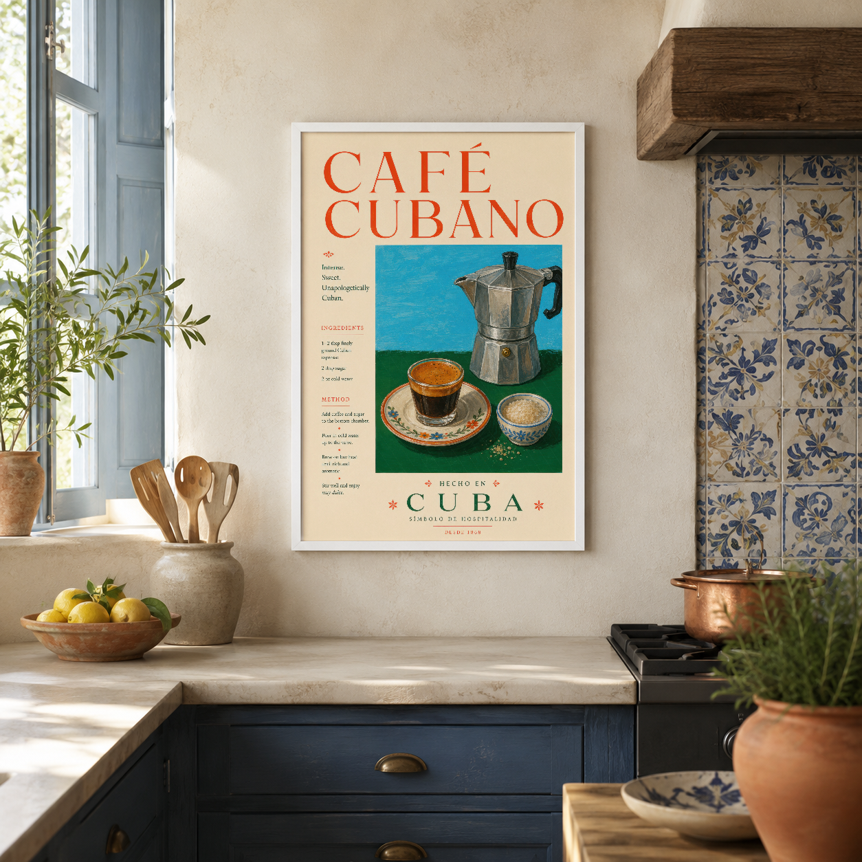 Retro Café Cubano posteri, otantik kahve hazırlama sahnesiyle mutfak duvarına nostalji katıyor.