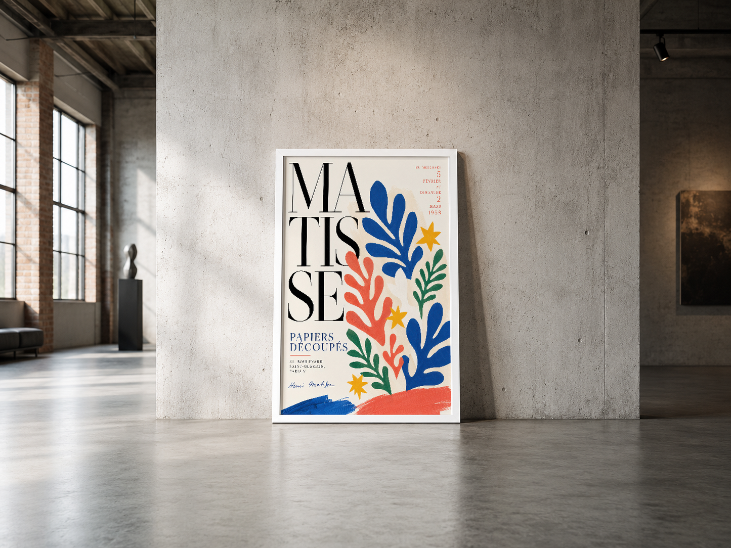 Matisse Papiers Découpés posteri, renkli soyut botanik tasarımıyla minimalist endüstriyel mekânda güçlü görsel etki yaratır.