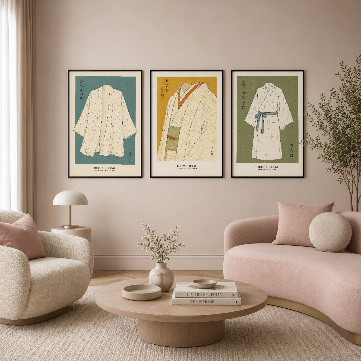 Modern oturma odasında, pembe koltuklarının üstünde asılı olan kimono illüstrasyonlu üç parçalı çerçeveli tablo.