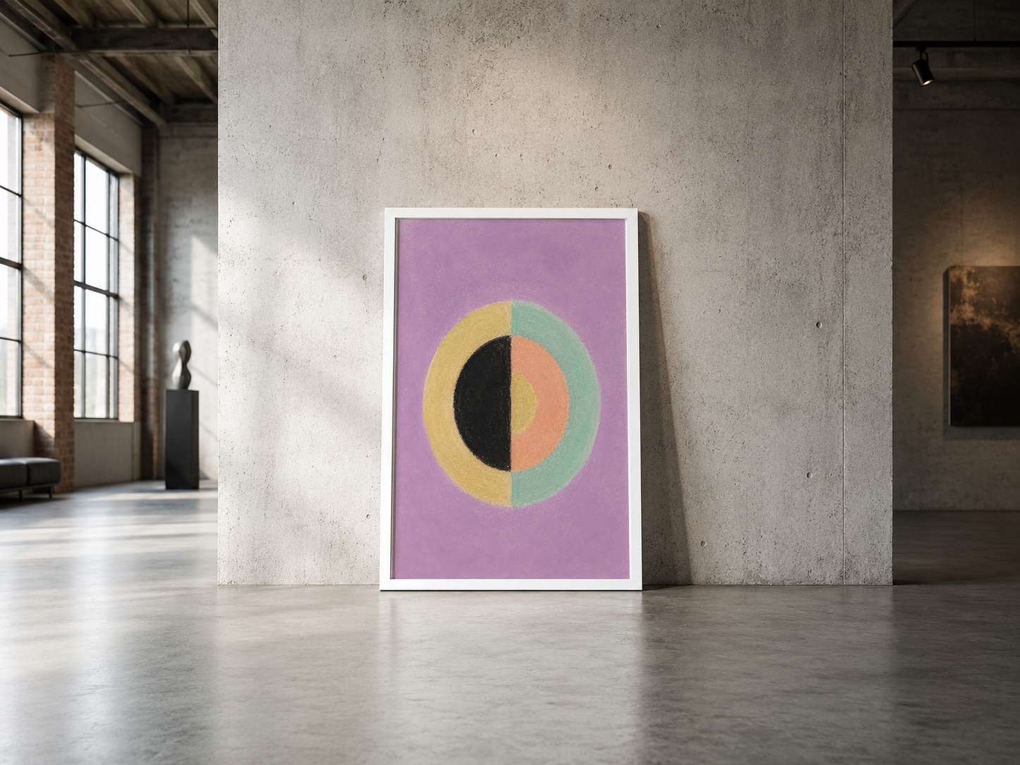 Pastel tonlarda bölünmüş daire motifleriyle minimalist tasarım, beyaz çerçeveli poster.