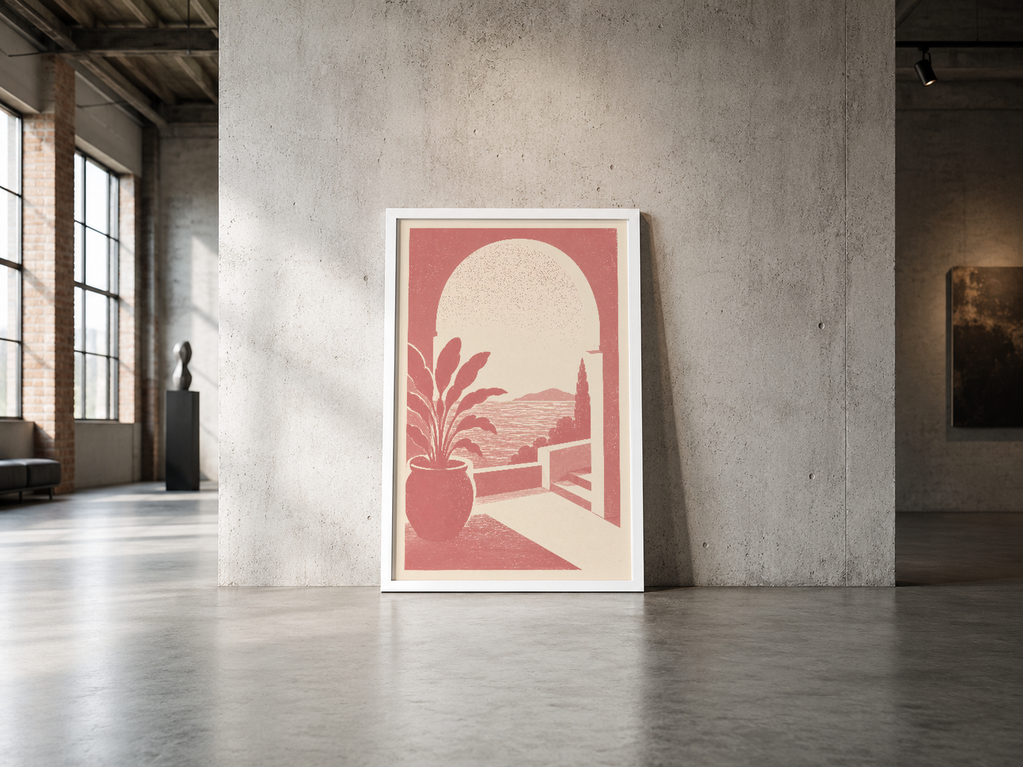 Minimalist beige çerçeveli poster, pembe arka plan üzerinde arşitektürel pencere ve flora tasarımı endüstriyel alana uyum
