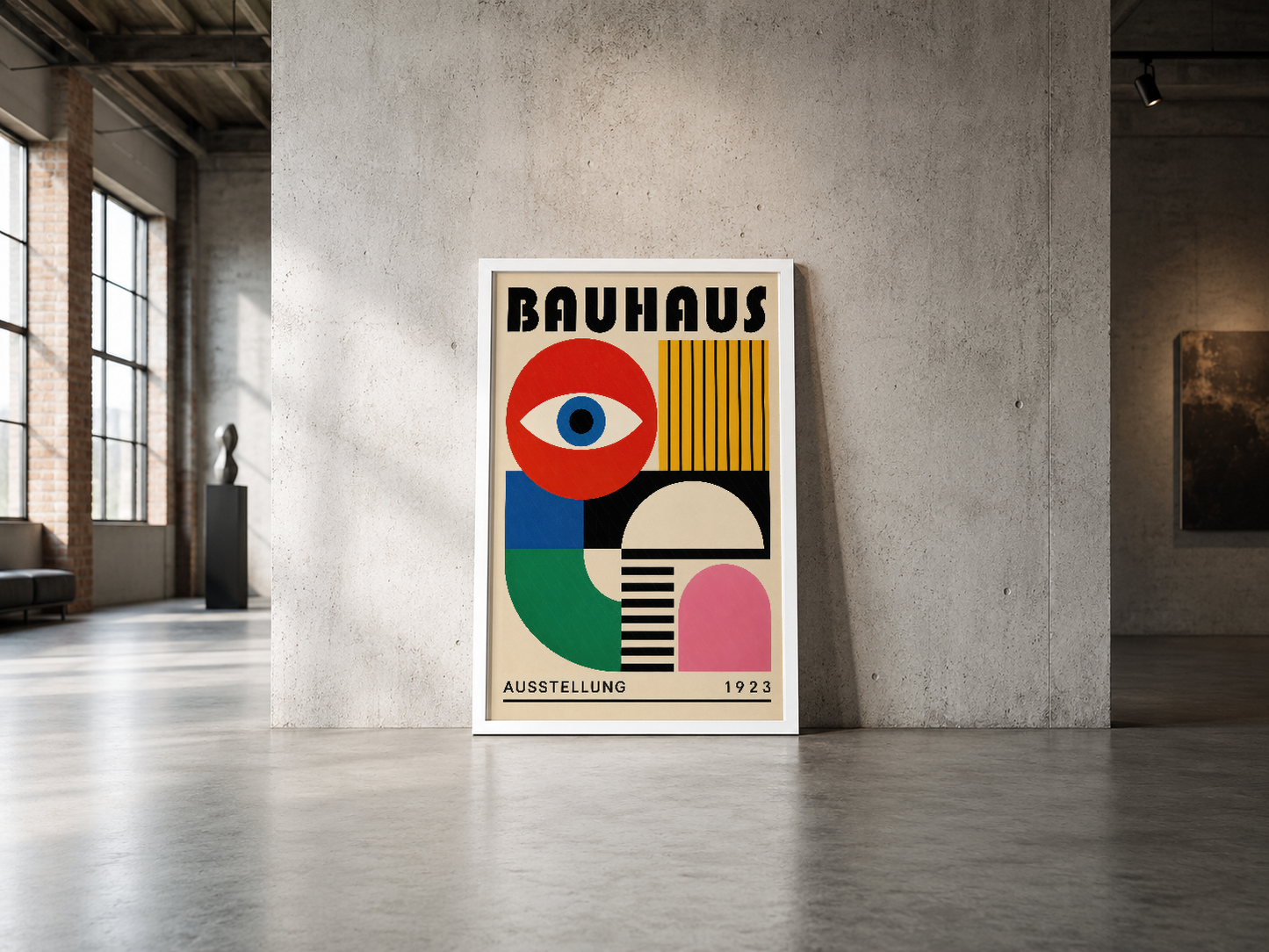 Bauhaus tasarım posteri, endüstriyel loft ortamında duvar üzerinde, siyah çerçeveli.