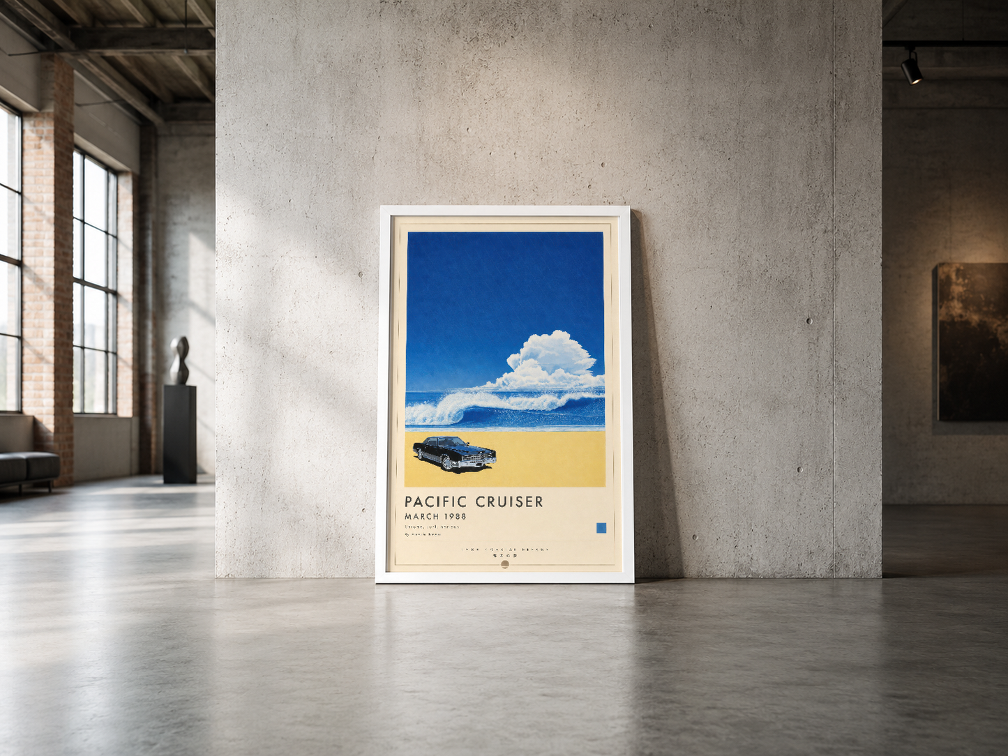 Minimalist siyah çerçeveli Pacific Cruiser posteri, endüstriyel açık mekan duvarında sergileniyor.