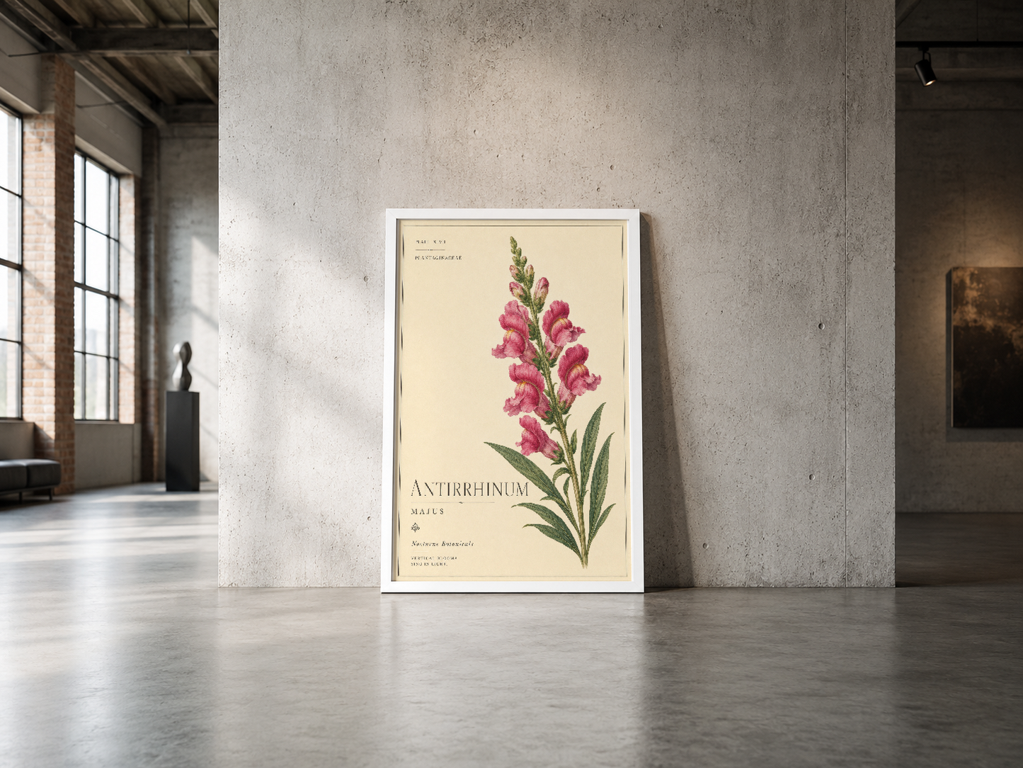 Klasik botanik illüstrasyonu pembe Antirrhinum çiçeğinin sade çerçeveli sanat tablosu.