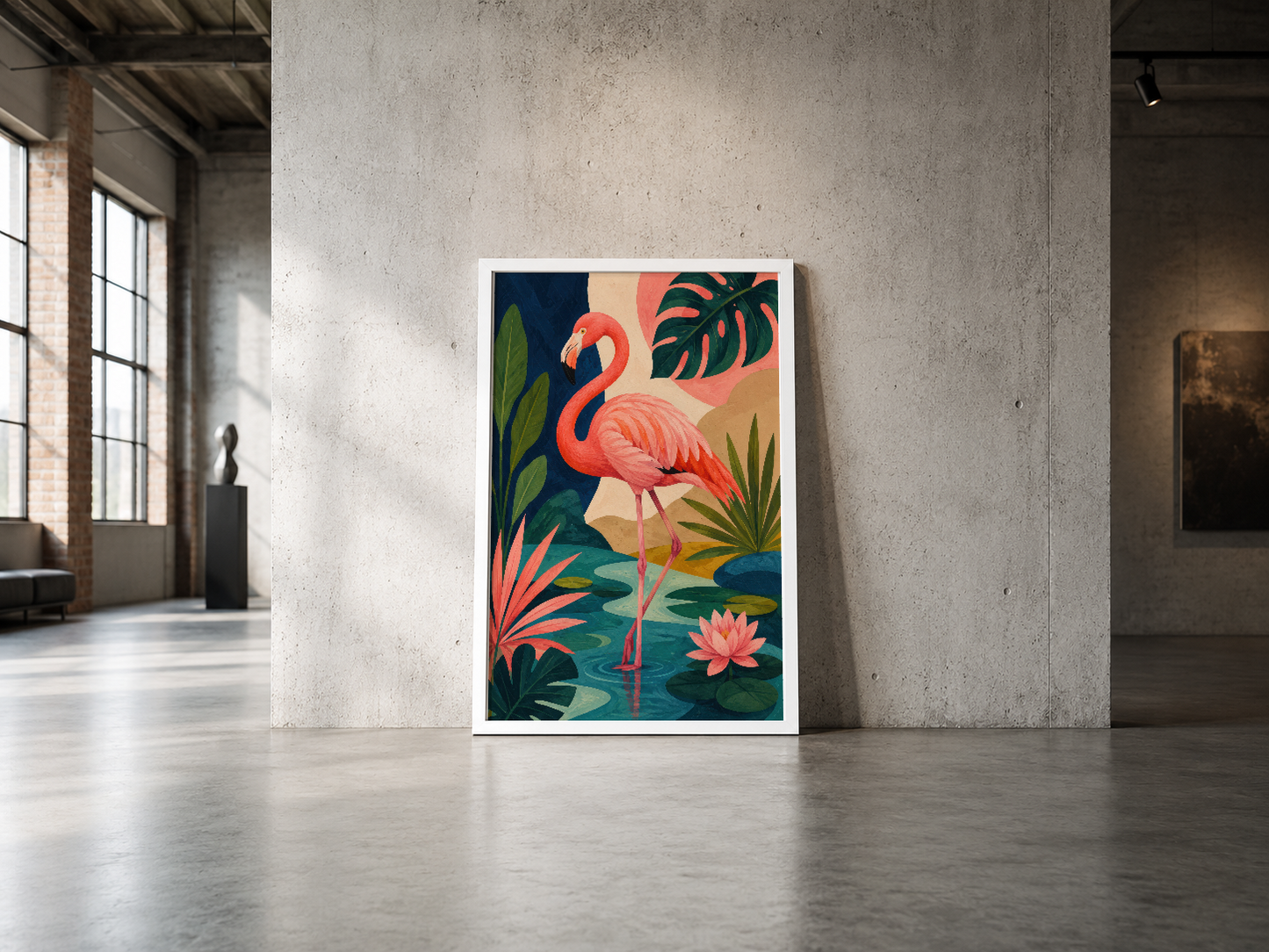 Pembe flamingo ve monstera yapraklarının yer aldığı sanat eseri, endüstriyel mekanda beyaz çerçevesiyle şıklığını ortaya